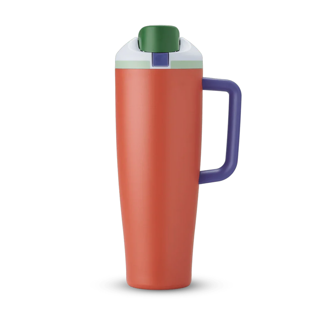 40oz tall summer harvest insulated travel tumbler with right handle in orange, purple, green, and white