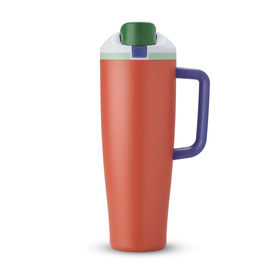 40oz tall summer harvest insulated travel tumbler with right handle in orange, purple, green, and white