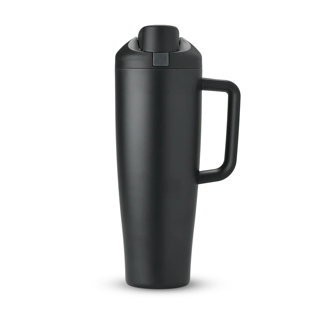 40oz very dark black Miami tumbler with handle and flip-top lid, sleek matte finish