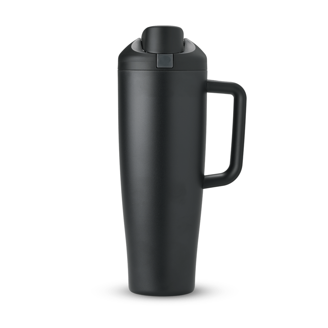 Matte black 40oz insulated travel tumbler with handle and flip-top lid