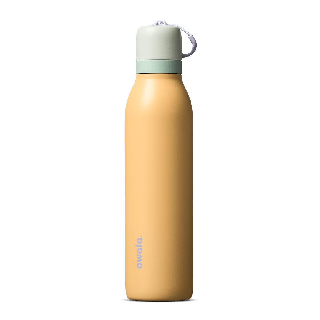 Owala Beachfront FreeSip 24oz insulated reusable water bottle in mustard yellow with gray cap