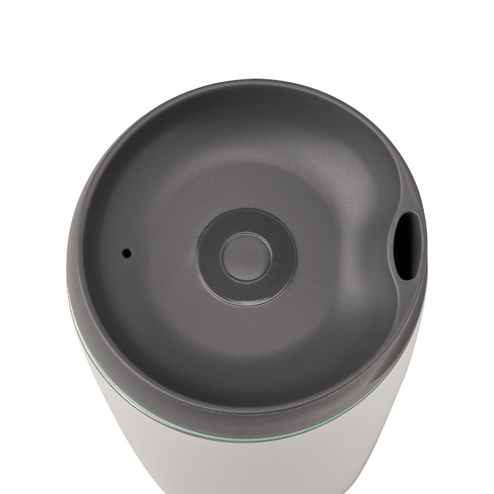 Top view of a gray and white travel mug lid with a sip hole and ventilation hole