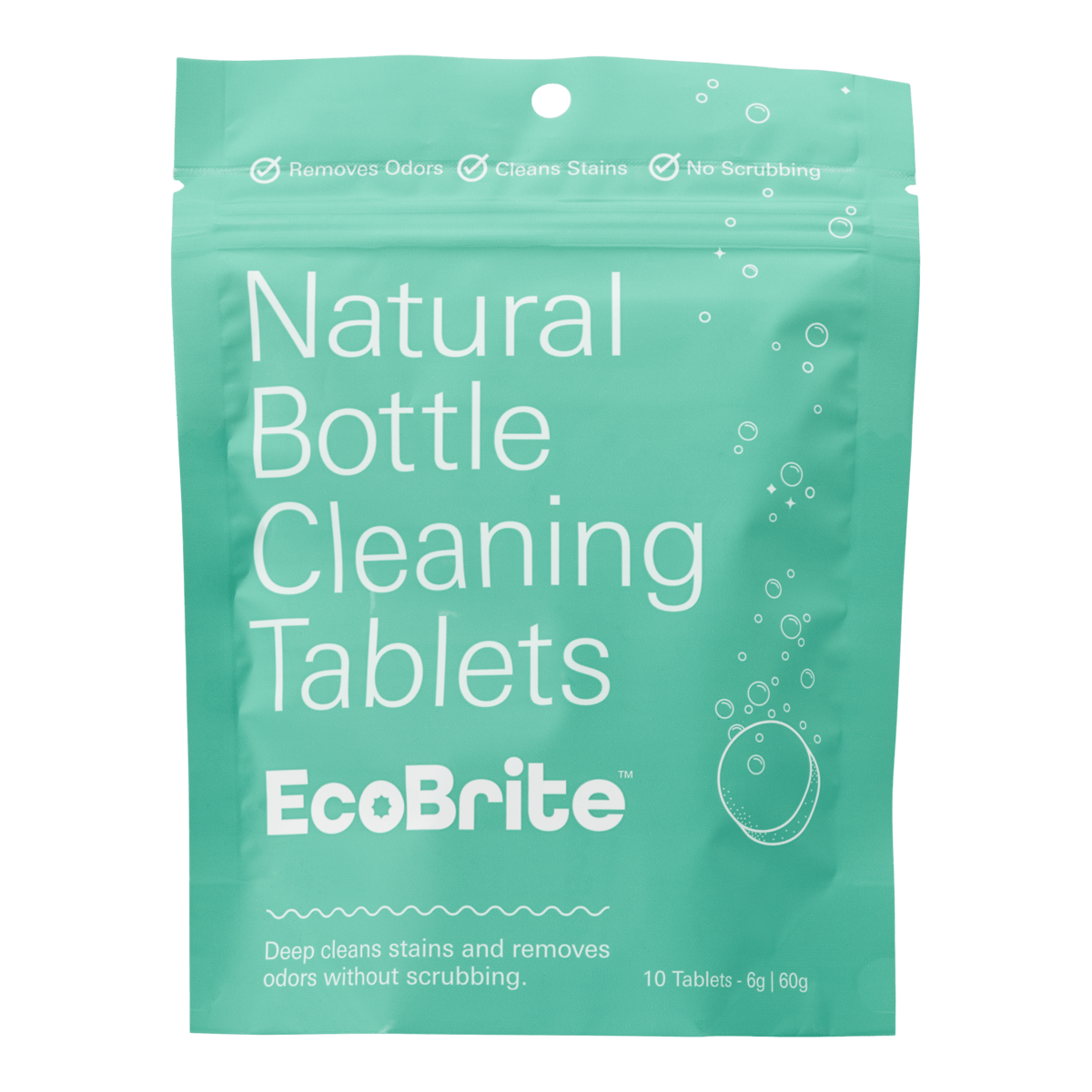 EcoBrite Natural Owala Bottle Cleaning Tablets package, removes odors, cleans stains, no scrubbing