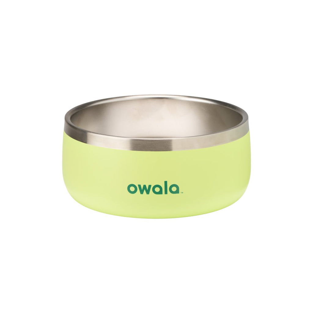 Owala lime green stainless steel pet bowl with logo on white background