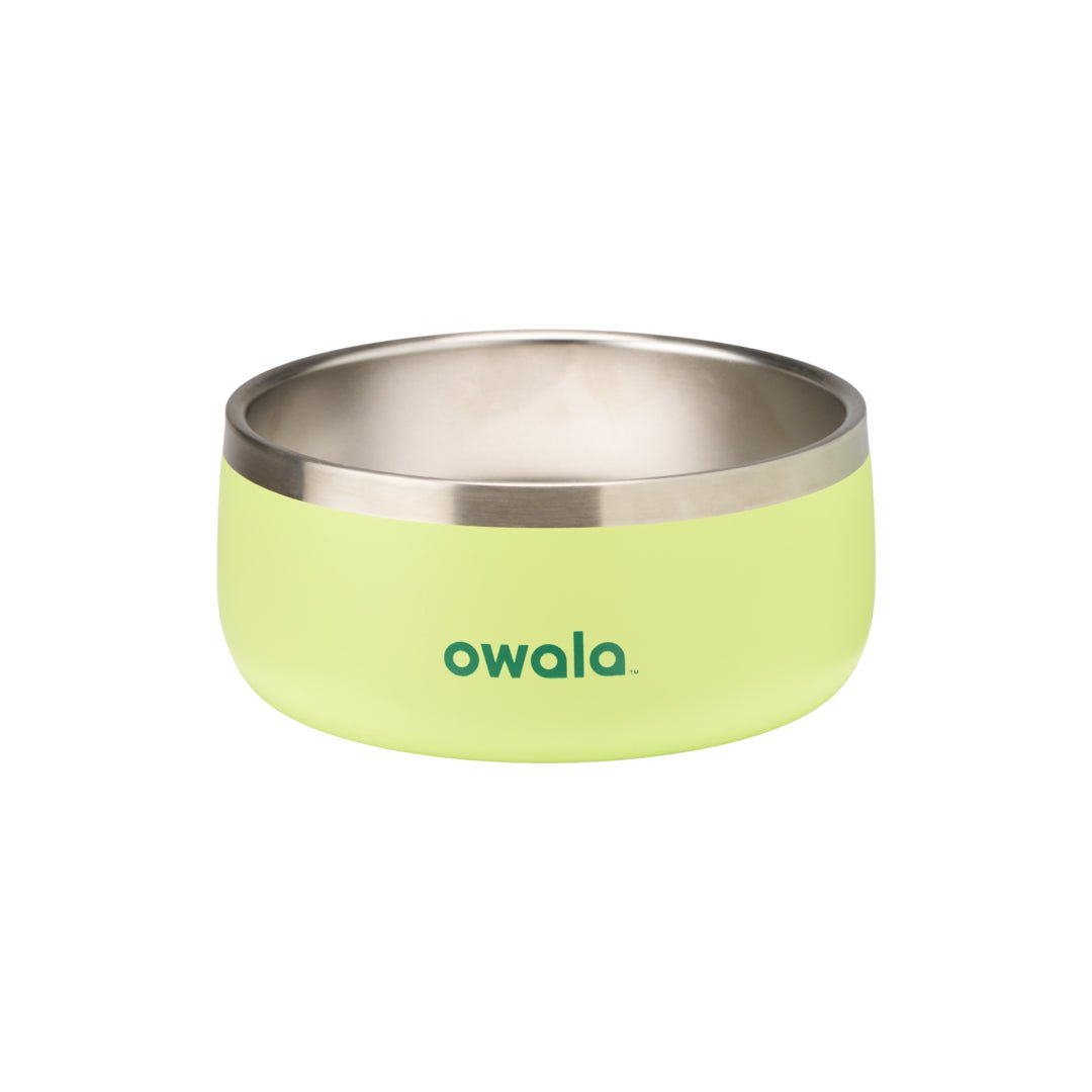 Owala lime green stainless steel pet bowl with logo on white background