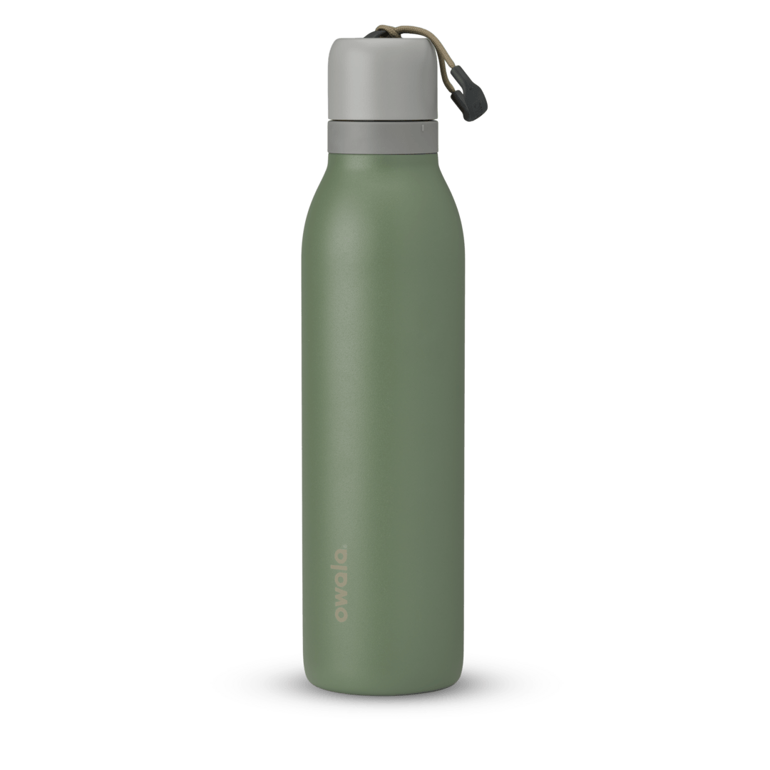 Green insulated metal water bottle with gray cap and carrying strap, minimalist design