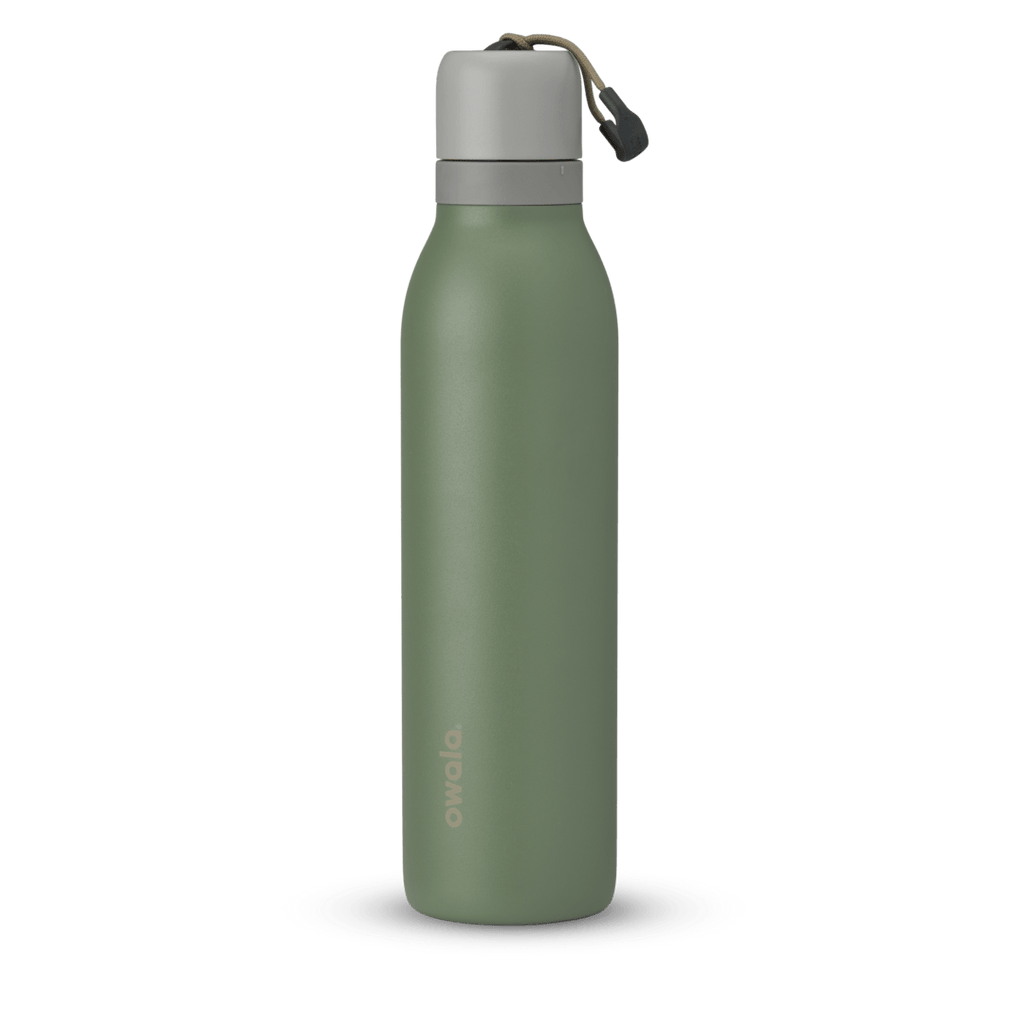 Matte olive green insulated stainless steel water bottle with beige cap and fabric loop handle