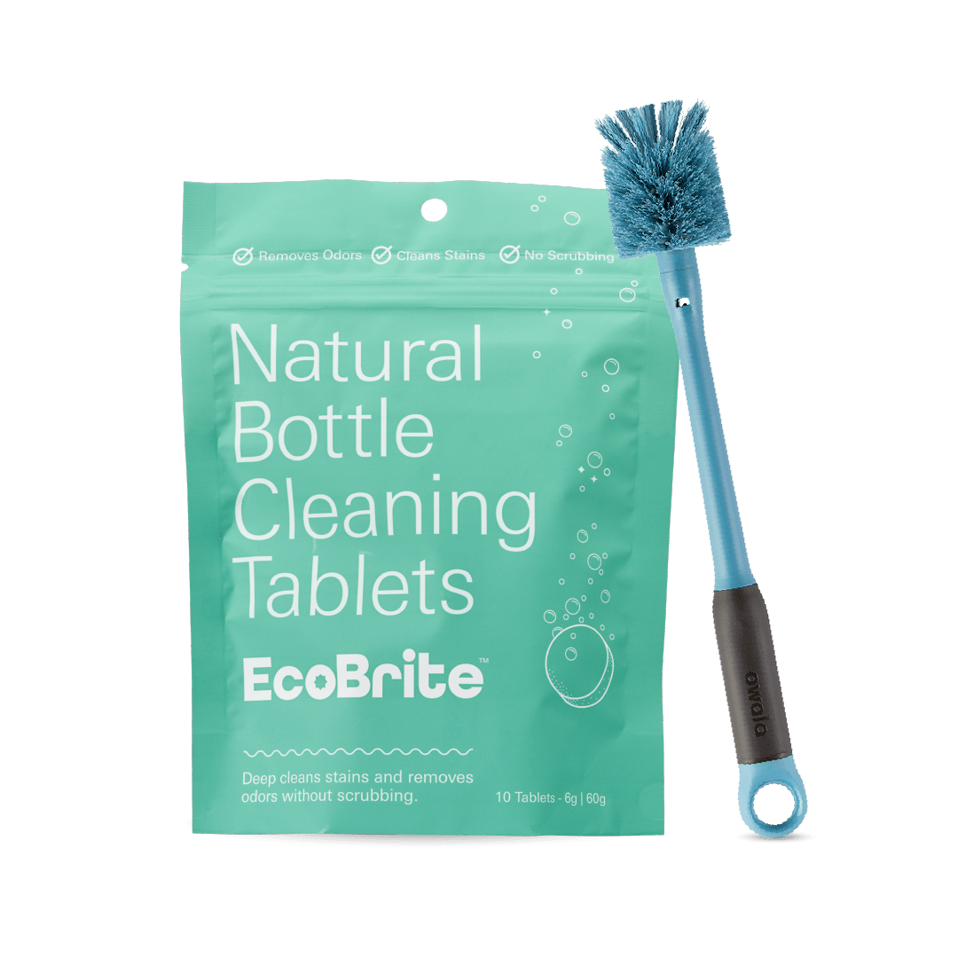 EcoBrite natural Owala bottle cleaning tablets with blue bottle brush for stain and odor removal