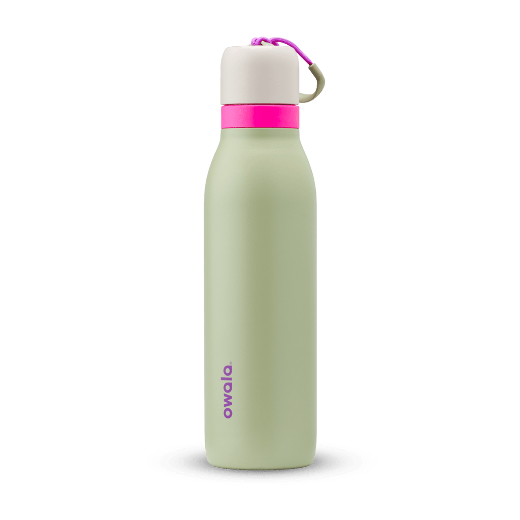 Light green Owala water bottle with white cap, pink ring, and purple logo on white background