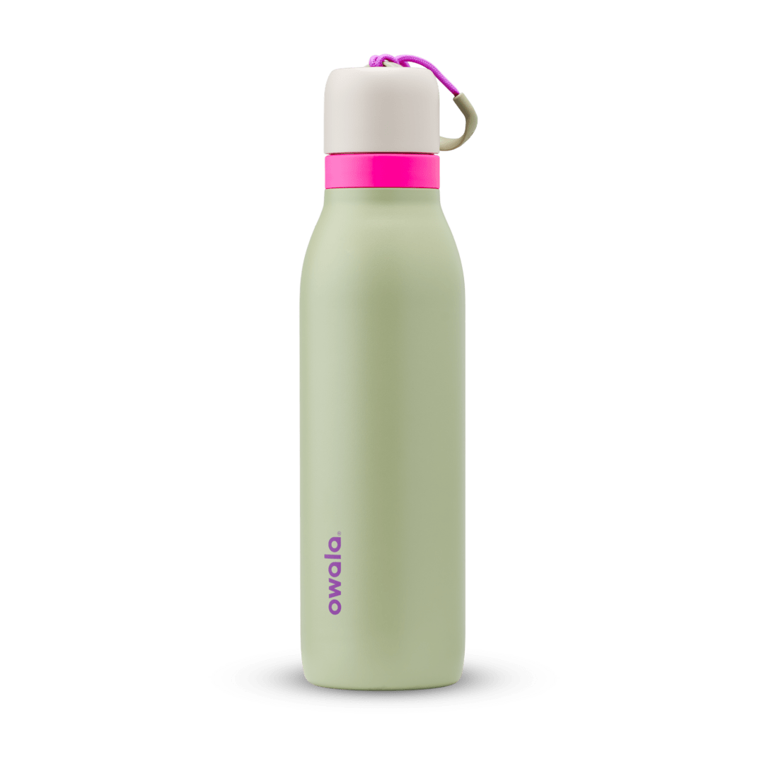 Light green Owala water bottle with white cap, pink ring, and purple logo on white background