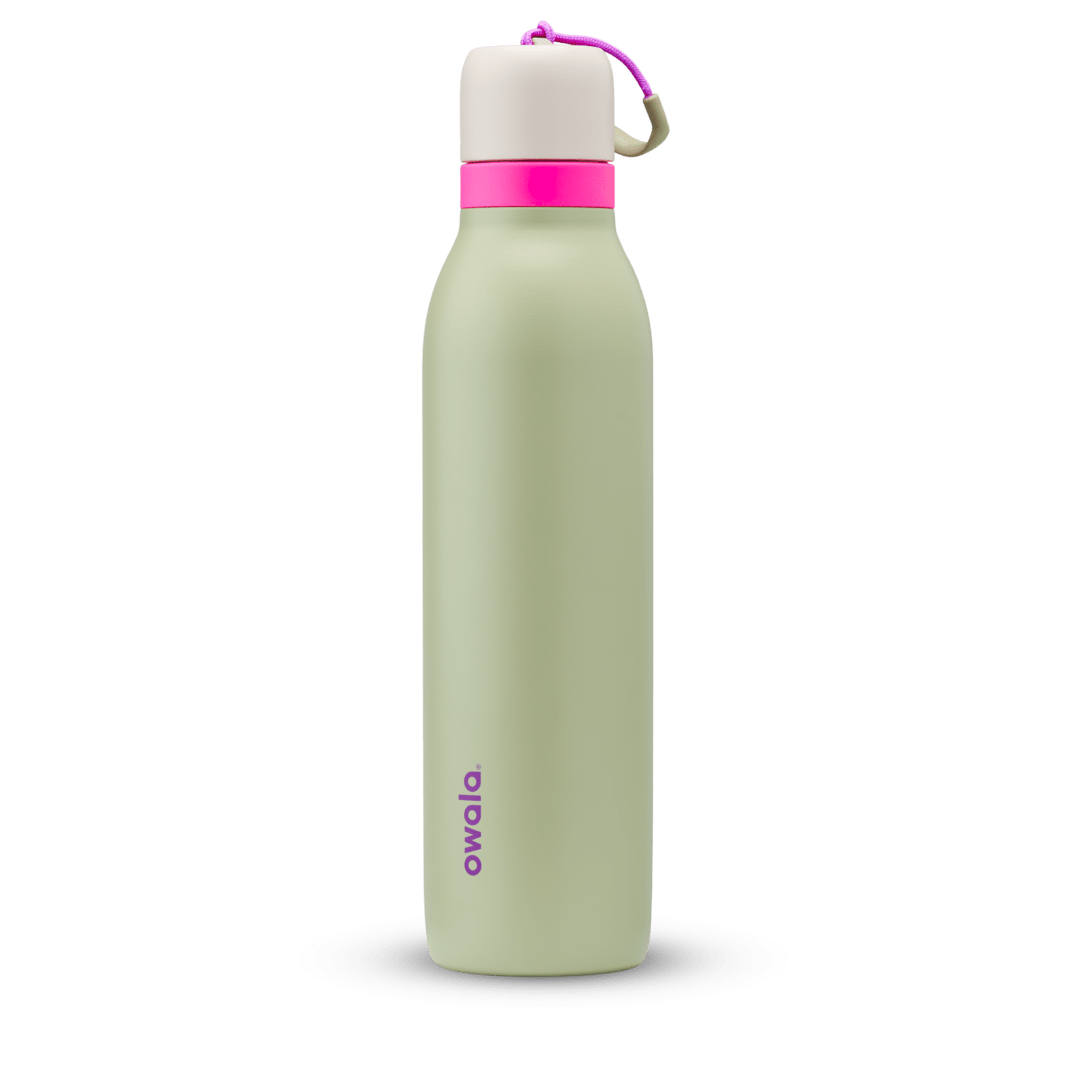 Owala Neo 24oz reusable water bottle in sage green with beige lid and pink strap