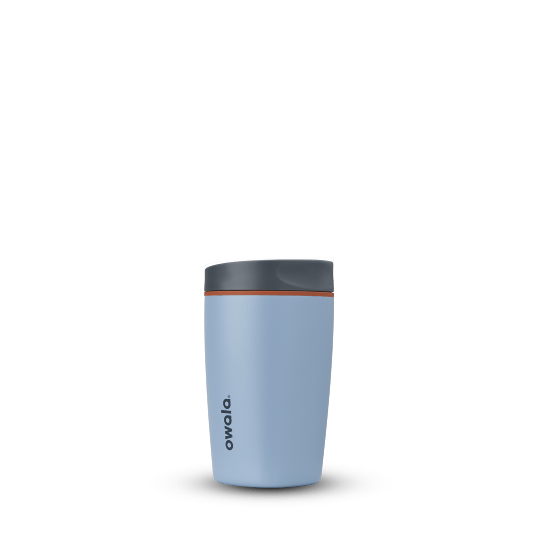 Owala SmoothSip 12oz baby blue insulated travel tumbler with black lid and red accent