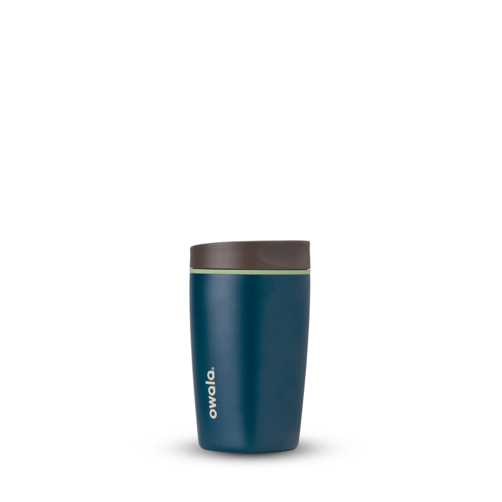 Blue Owala Smooth Sip 12oz insulated travel cup with dark lid