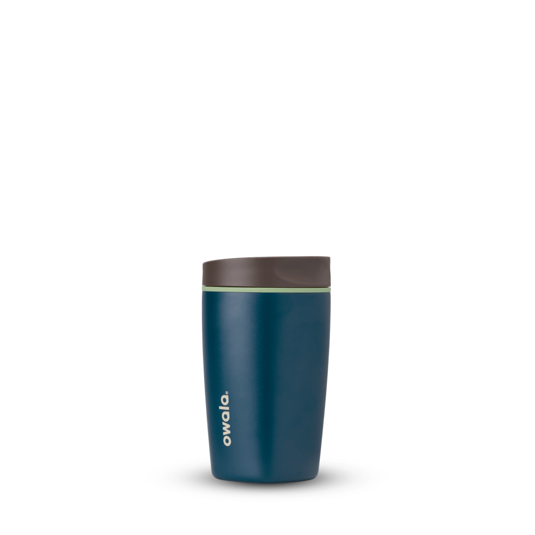 Blue Owala Smooth Sip 12oz insulated travel mug with dark brown lid