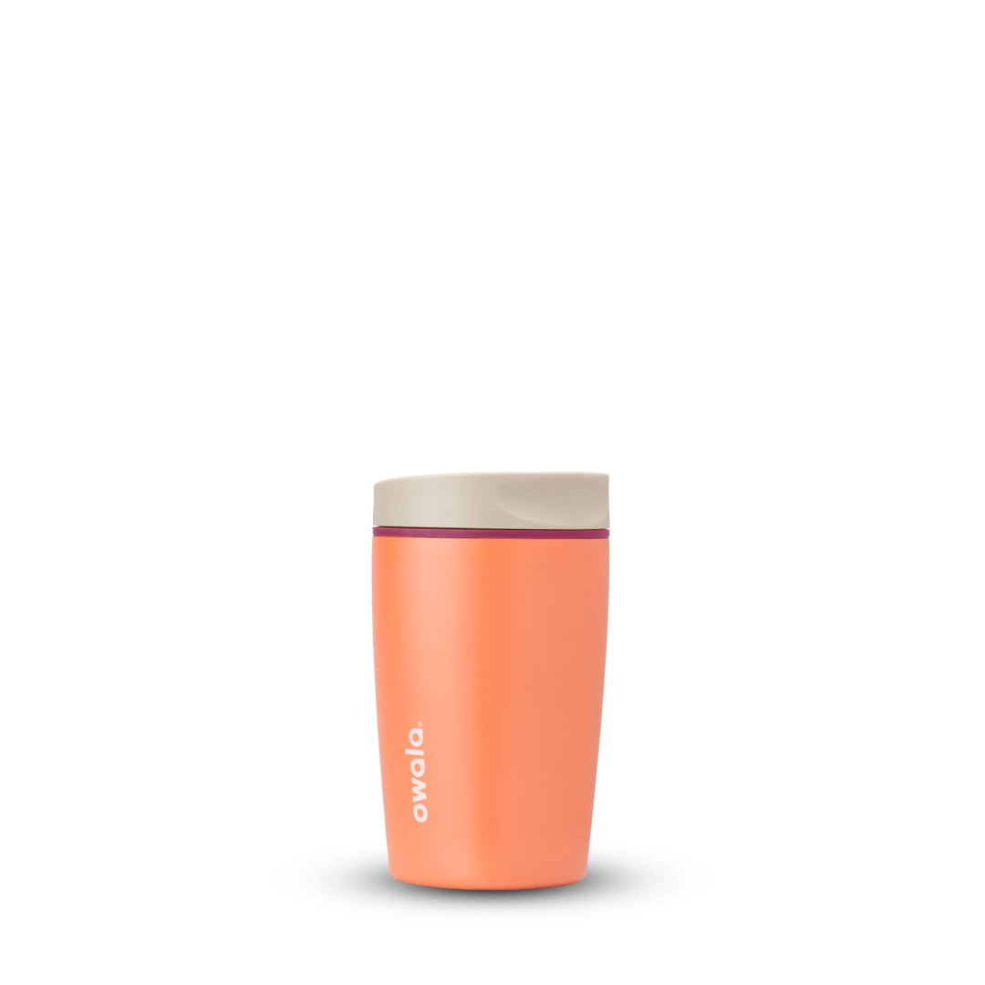 Owala 12oz orange insulated stainless steel travel mug with beige lid and purple trim