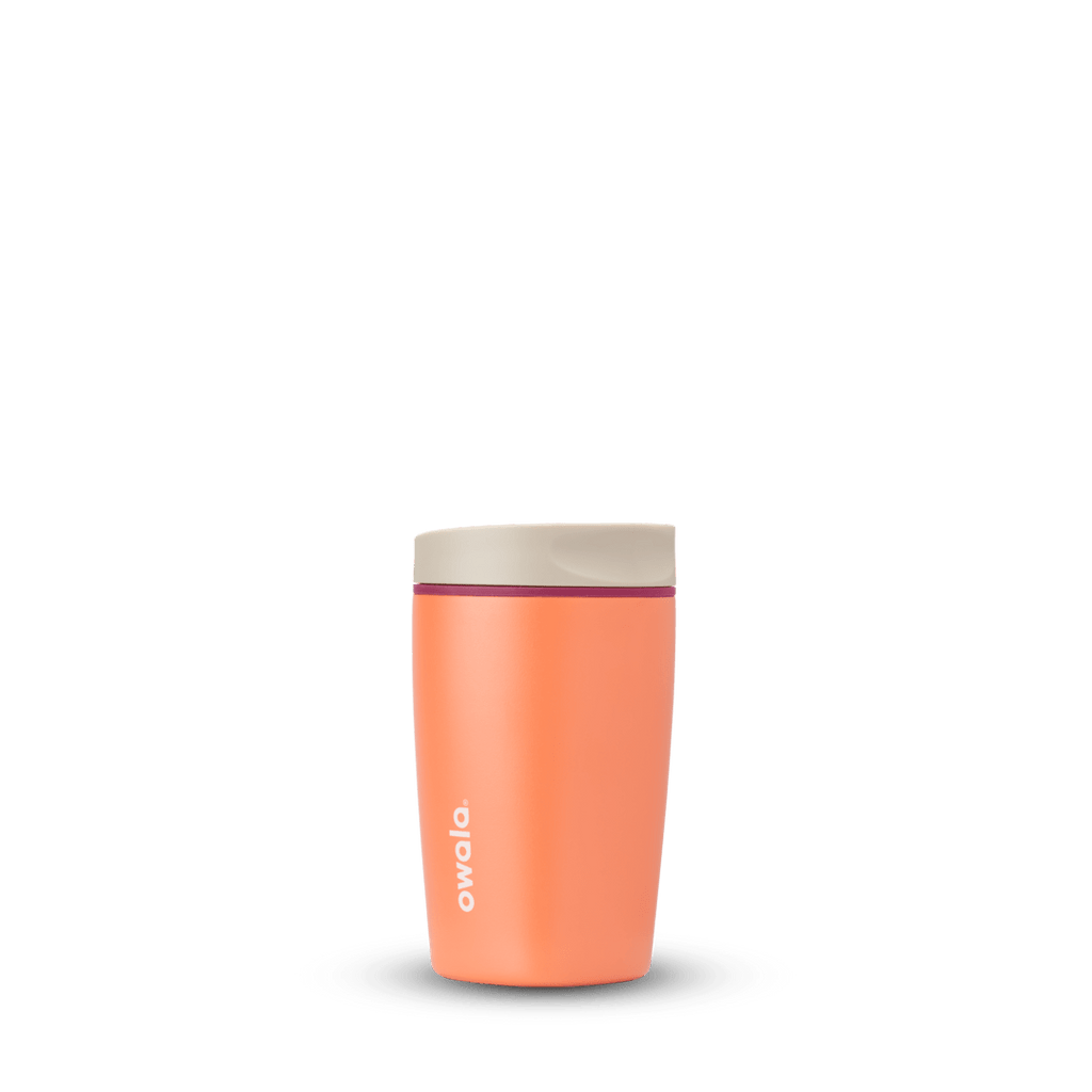 Orange Owala Smooth Sip 12oz insulated travel tumbler with beige lid on white background