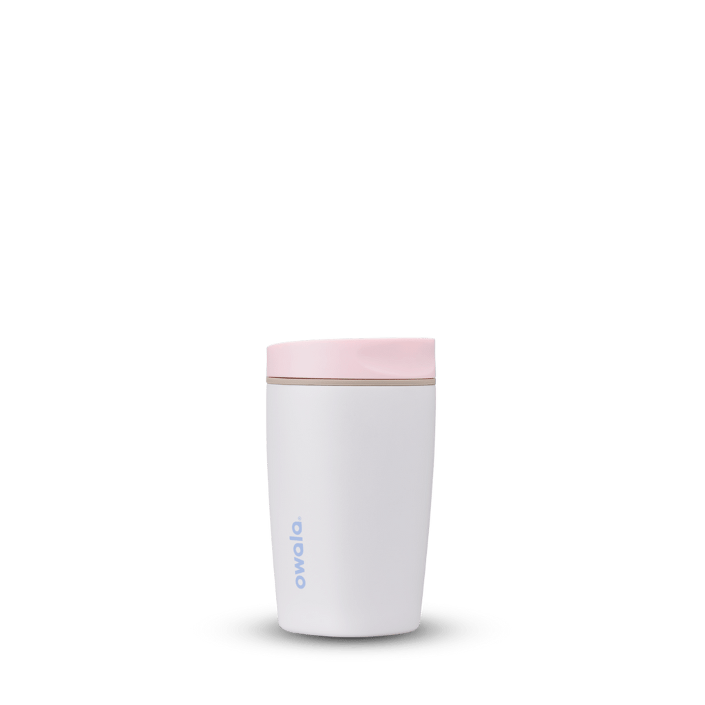 OWALA 12oz Smooth Sip insulated travel mug in white with pink lid on white background
