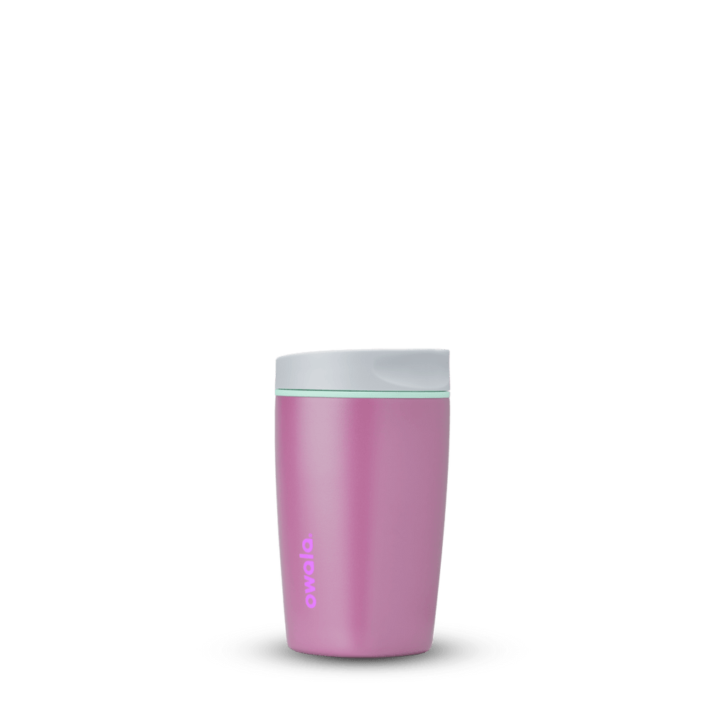 Purple 12oz Owala SmoothSip insulated travel mug with white lid on white background