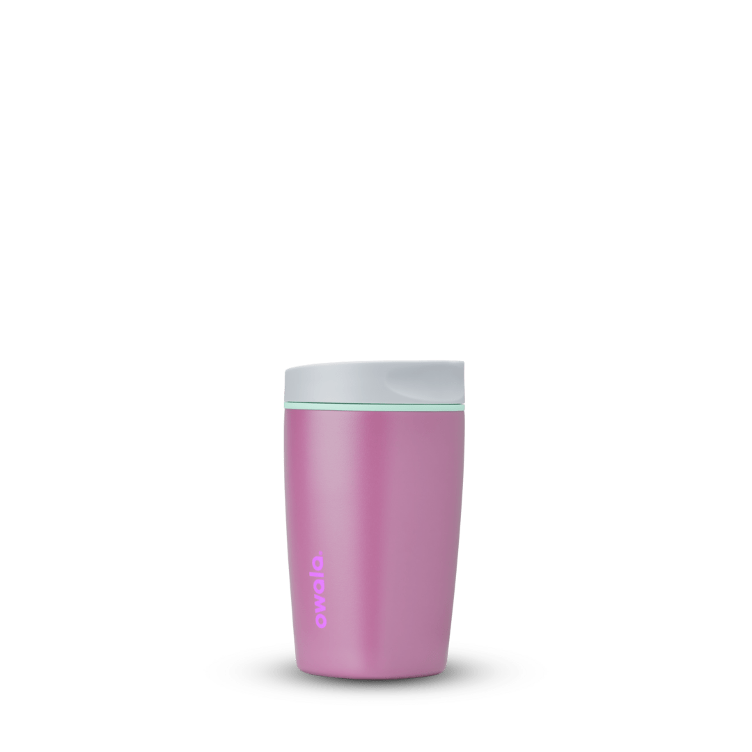 Purple 12oz Owala SmoothSip insulated travel mug with white lid on white background