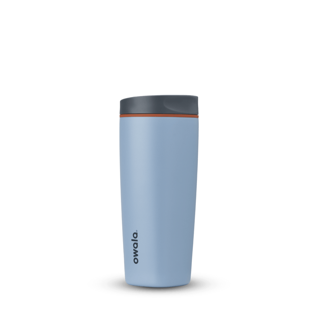 Baby blue Owala Smooth Sip 20oz insulated travel tumbler with black lid and orange seal