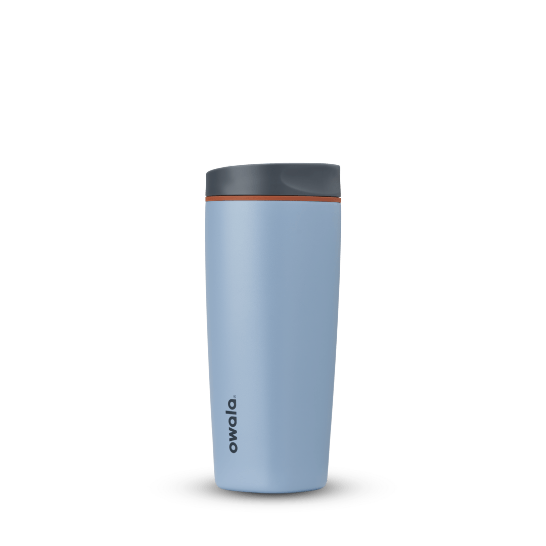 Baby blue Owala Smooth Sip 20oz insulated travel tumbler with black lid and orange seal