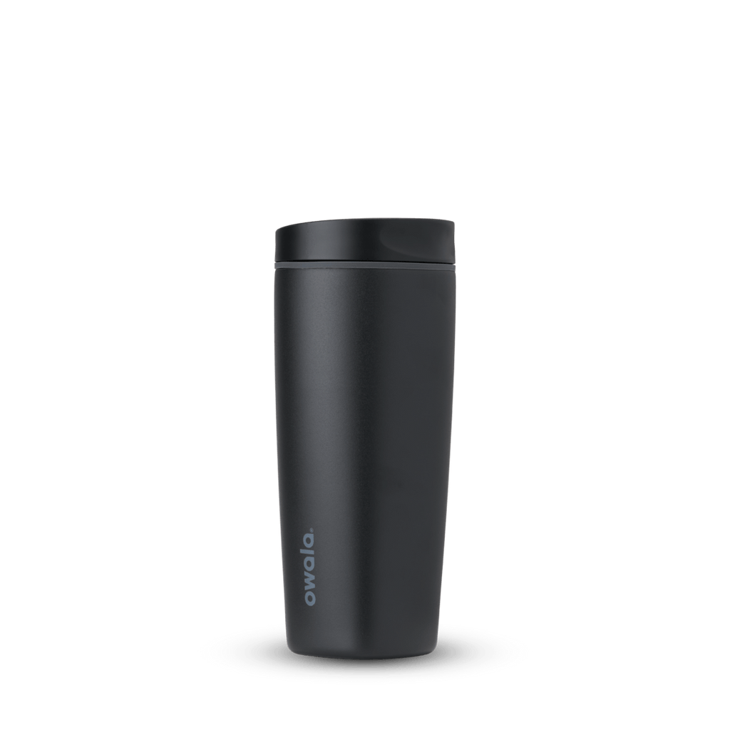 Black Owala 20oz insulated travel mug with spill-resistant lid on white background