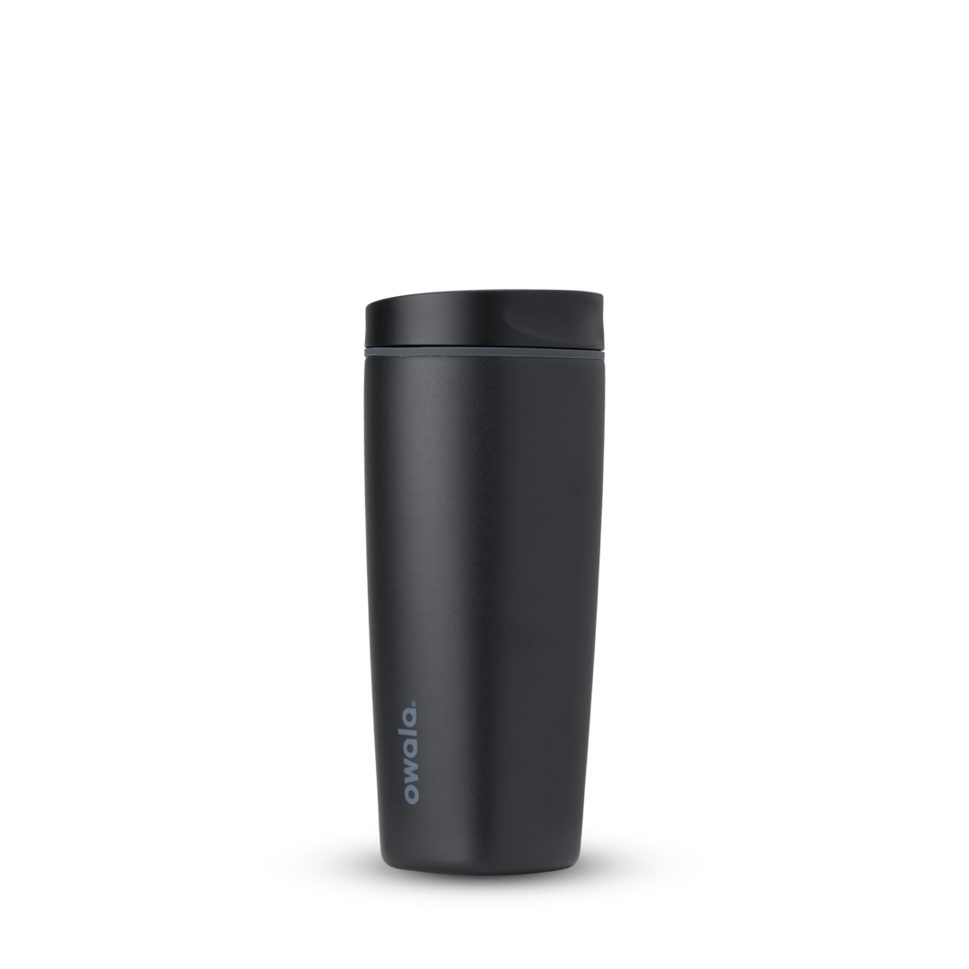 Black Owala 20oz insulated travel mug with spill-resistant lid on white background