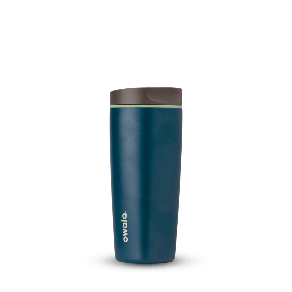 Blue Owala Smooth Sip insulated travel mug with brown lid on white background