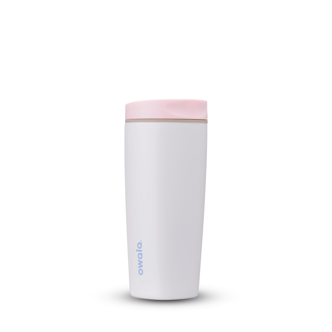 Owalo Smooth Sip 20oz white insulated tumbler with pink lid on white background