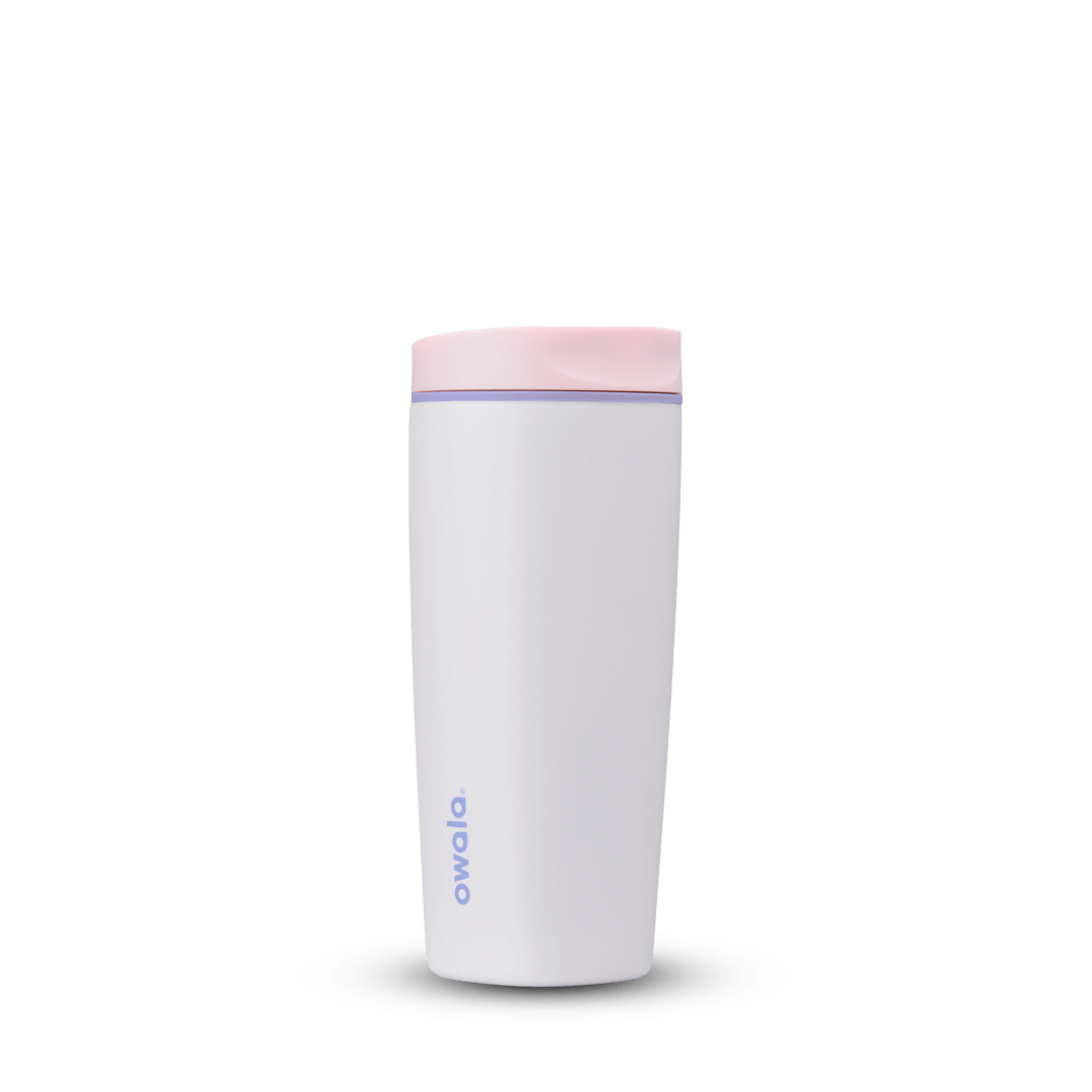White Owala Smooth Sip 20oz water bottle with pastel pink lid, isolated on white background