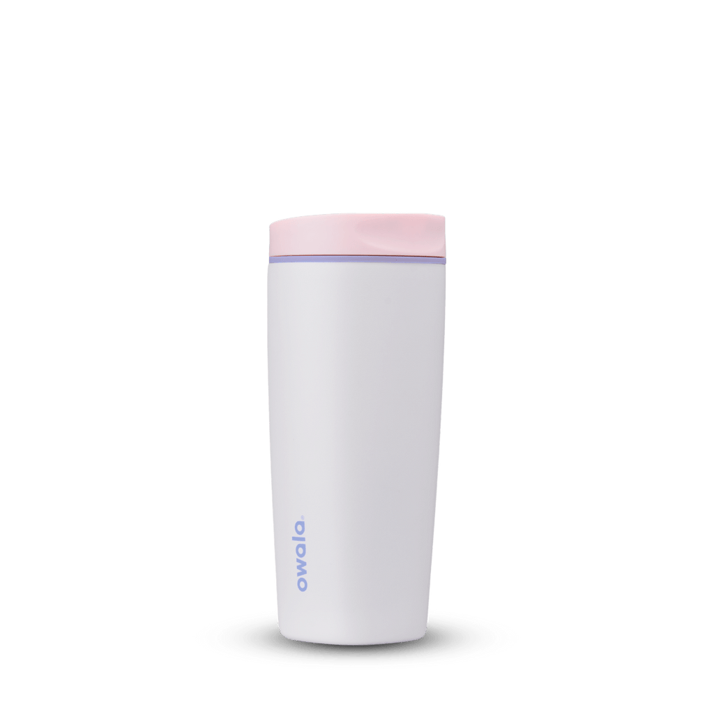 White Owala 20oz Smooth Sip insulated water bottle with pink lid on white background