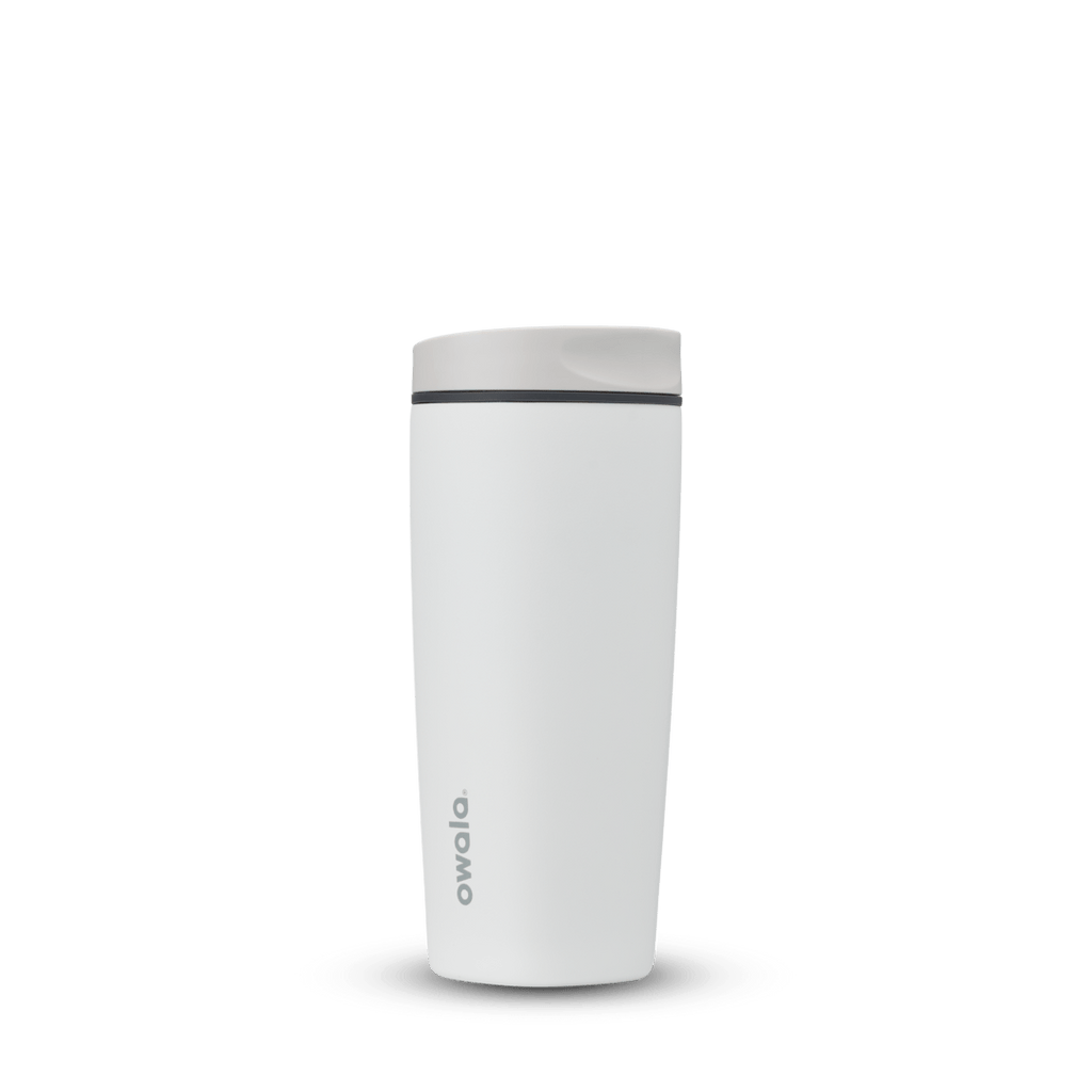 White Owala 20oz insulated travel coffee mug with gray lid and black seal