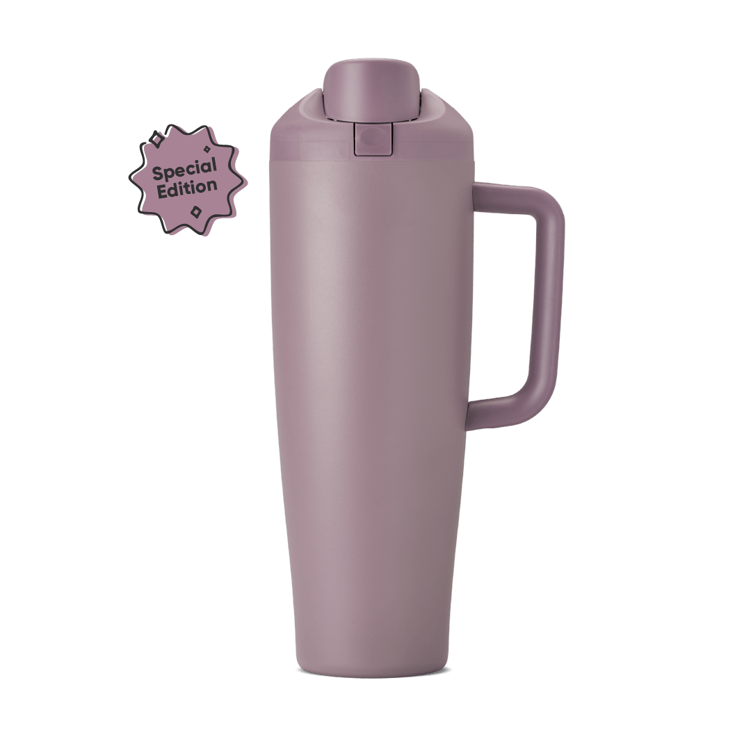 Special edition tall mauve insulated tumbler with handle and flip lid