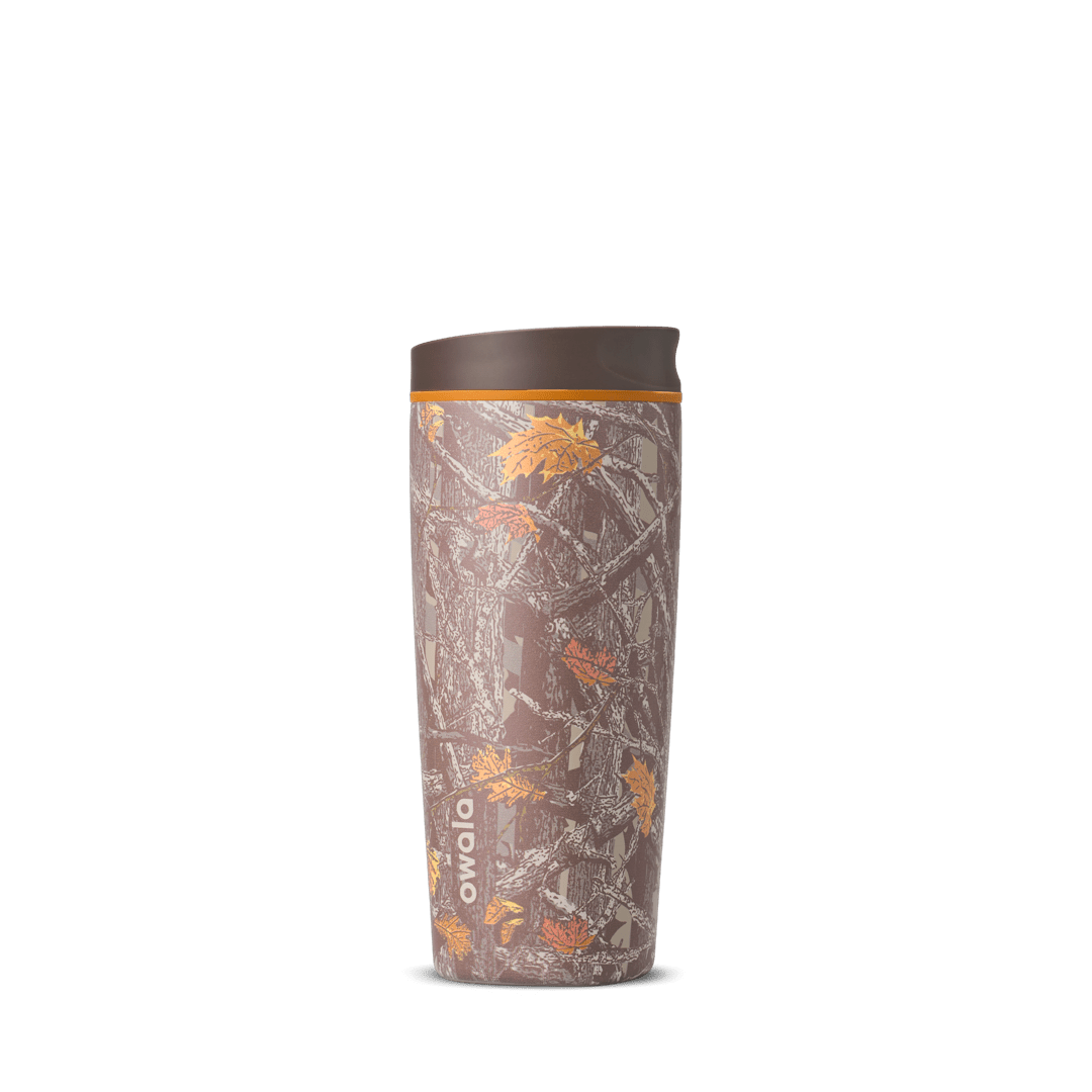 Owala 20oz insulated tumbler with autumn leaf and branch camouflage design and brown lid
