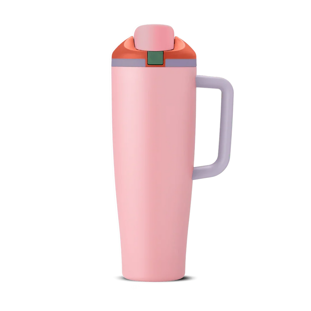 Pink 40oz insulated tumbler with purple handle and orange lid on white background