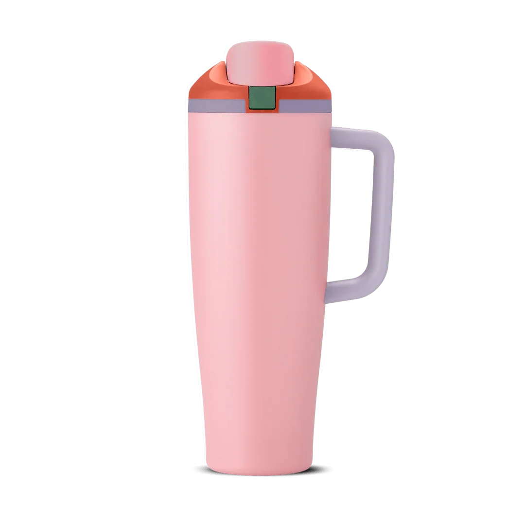Pink 40oz insulated tumbler with purple handle and orange lid on white background