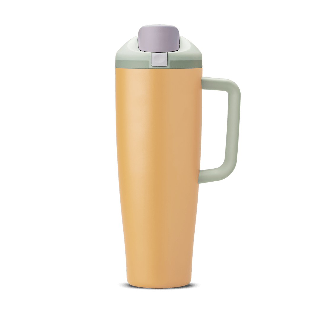 40oz tall tumbler with beige body, sage green handle and lid, and lavender flip-top spout