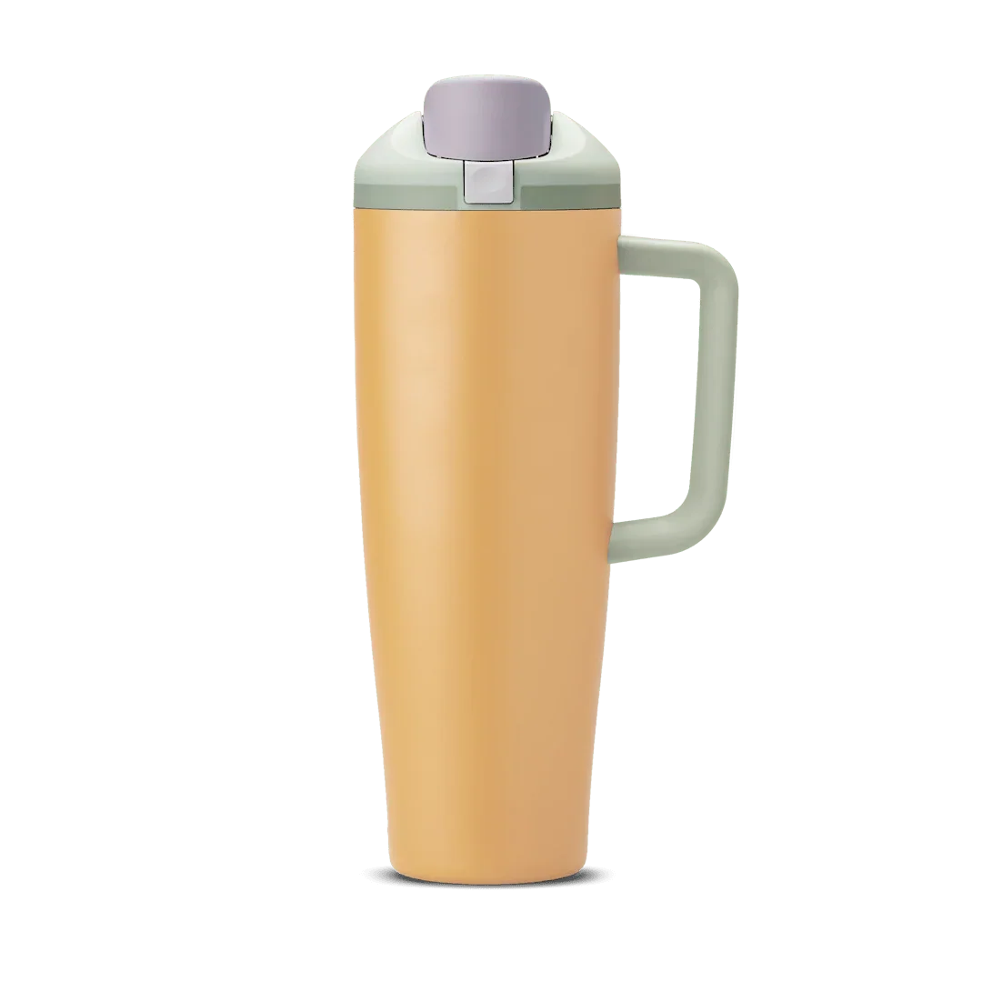 40oz insulated tumbler with handle and flip lid, peach body and light green top