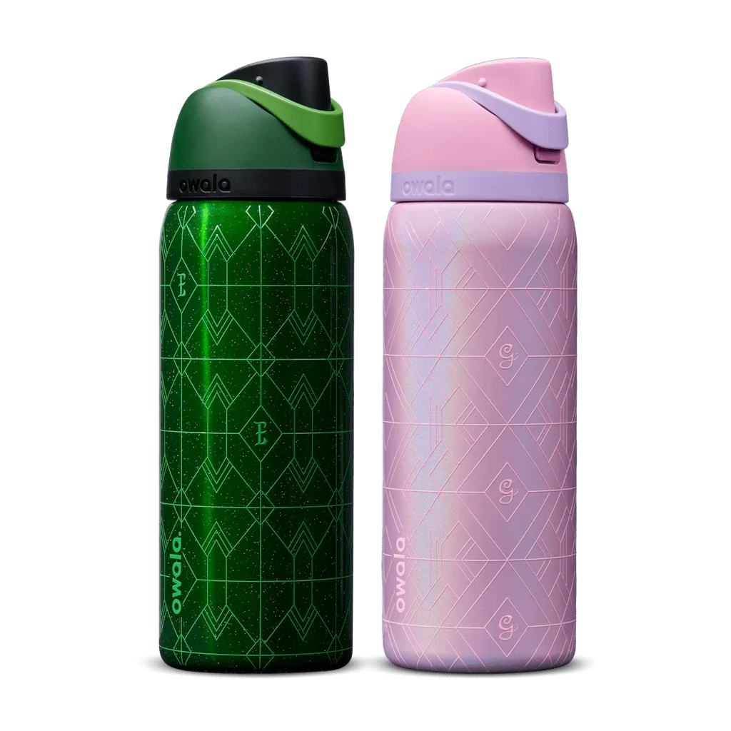 Green and pink Owala 32oz stainless steel water bottles with patterned designs and flip tops