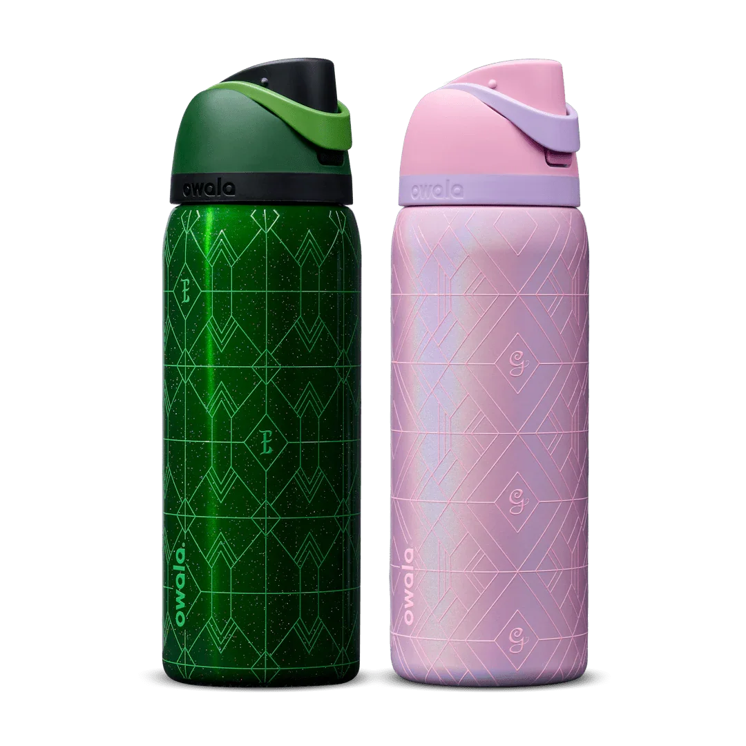 Green and pink Owala 32oz stainless steel water bottles with patterned designs and flip tops