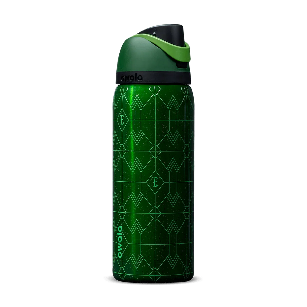Green Owala 32oz stainless steel water bottle with geometric pattern and black flip-top lid