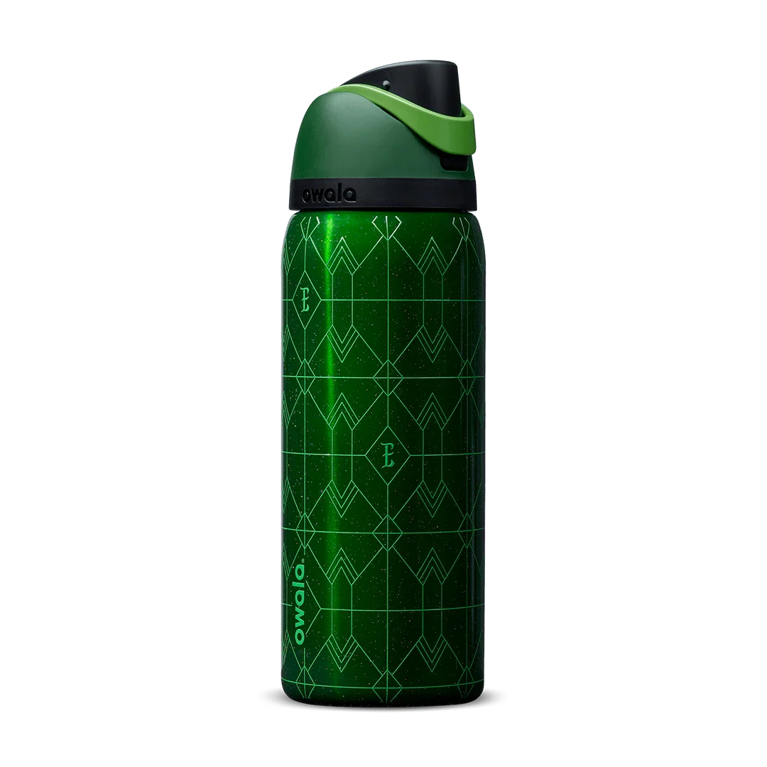 Green Owala 32oz stainless steel water bottle with geometric pattern and black flip-top lid