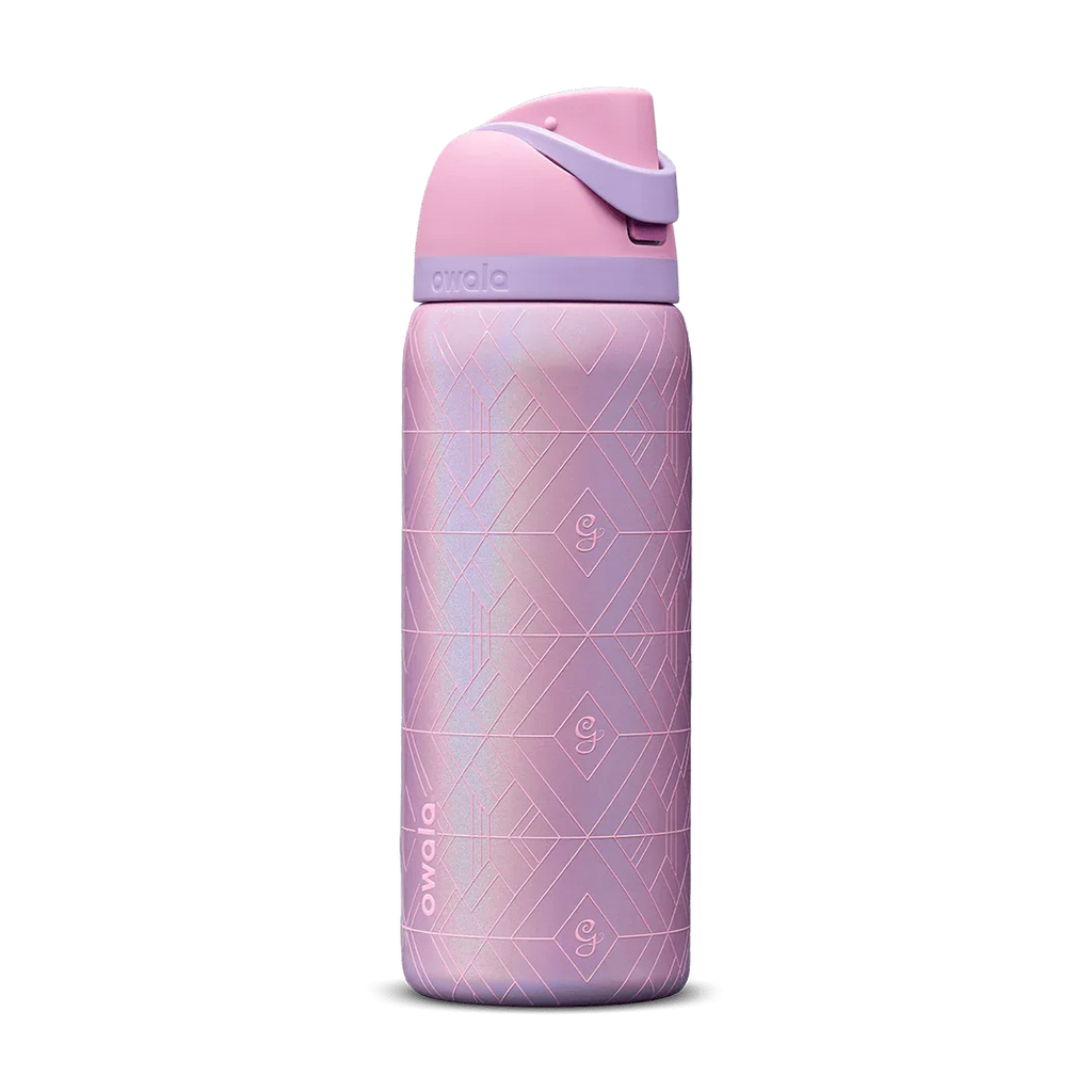 Pink and lavender Owala 32oz water bottle with geometric pattern and flip-top lid