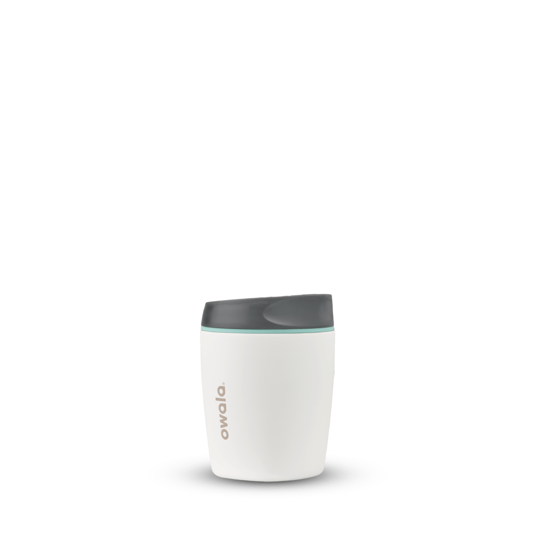 Owala 10oz white Smooth Sip insulated tumbler with gray lid and aqua trim