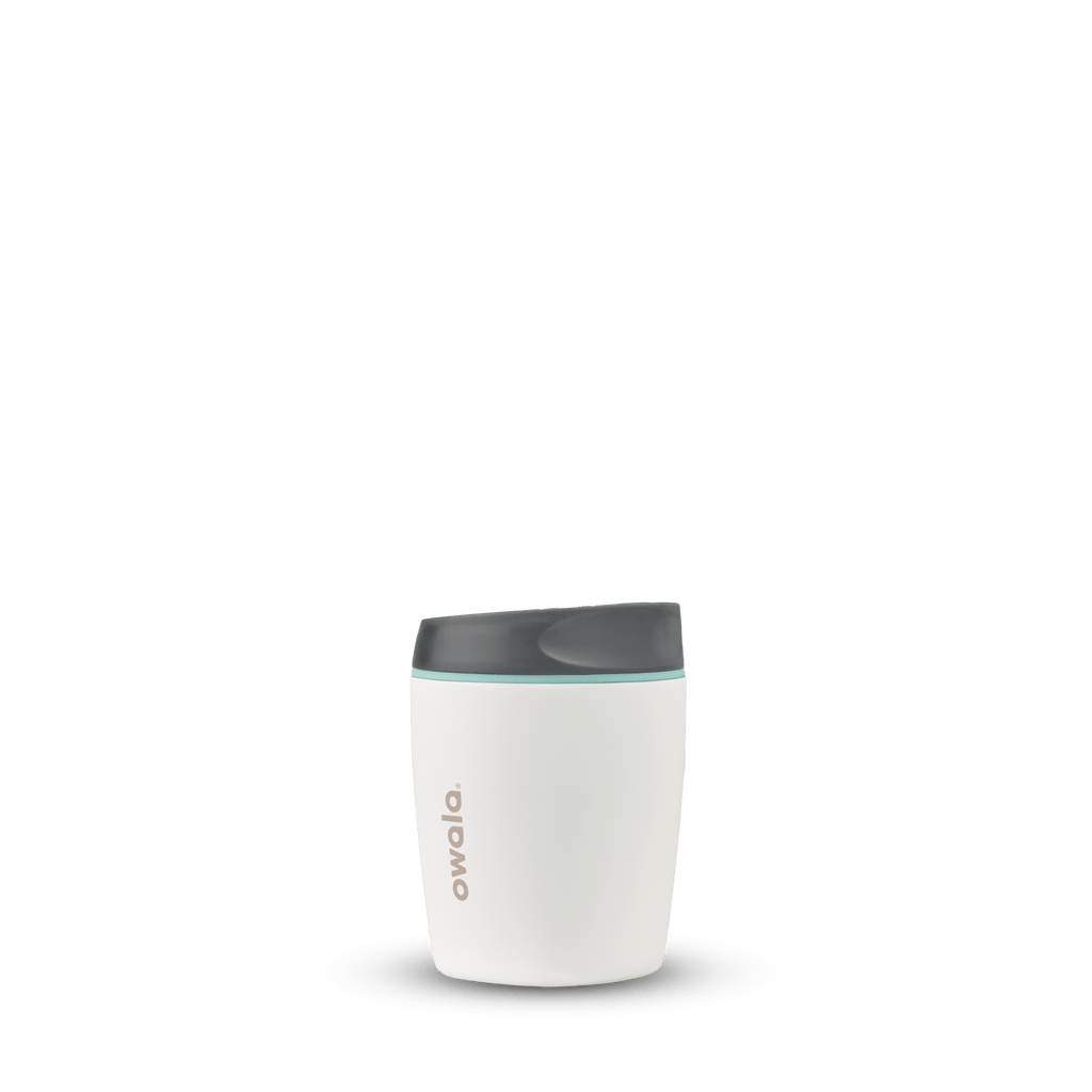 Owala 10oz Smooth Sip insulated travel mug in white with gray lid and blue accent