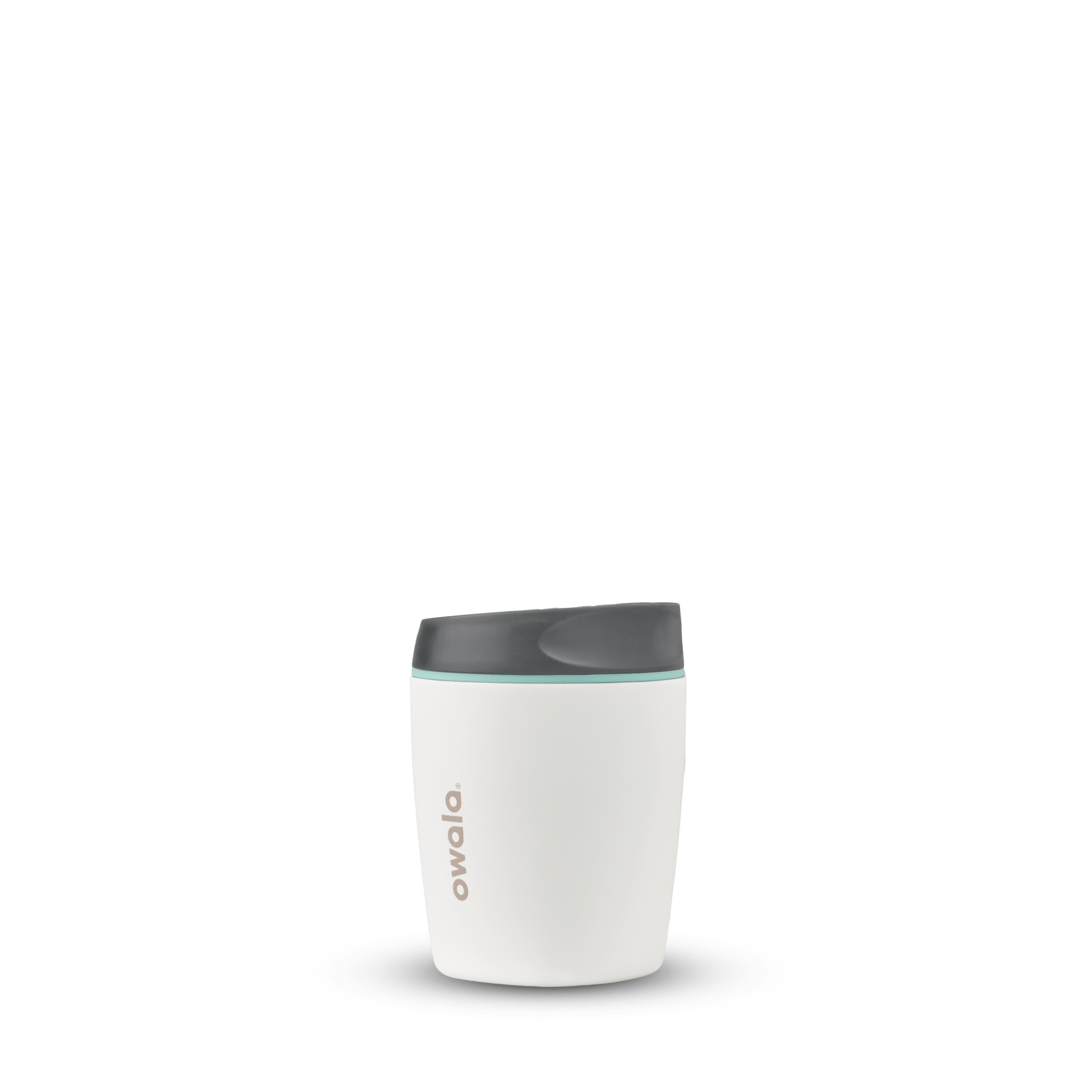 Owala 10oz Smooth Sip insulated travel mug in white with gray lid and blue accent