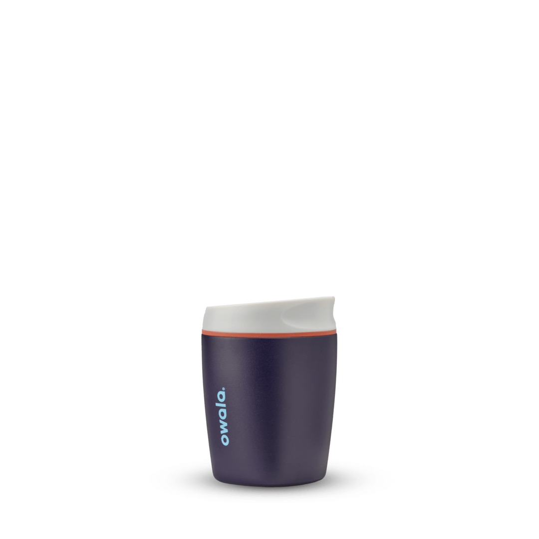 Owala 10oz Smooth Sip insulated tumbler in dark purple with white lid and blue logo