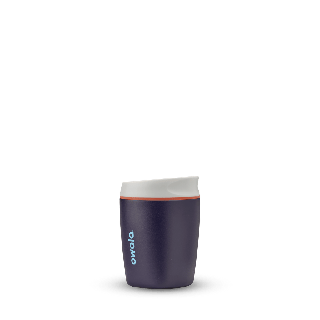 Purple Owala 10 oz Smooth Sip insulated tumbler with white lid and orange accent