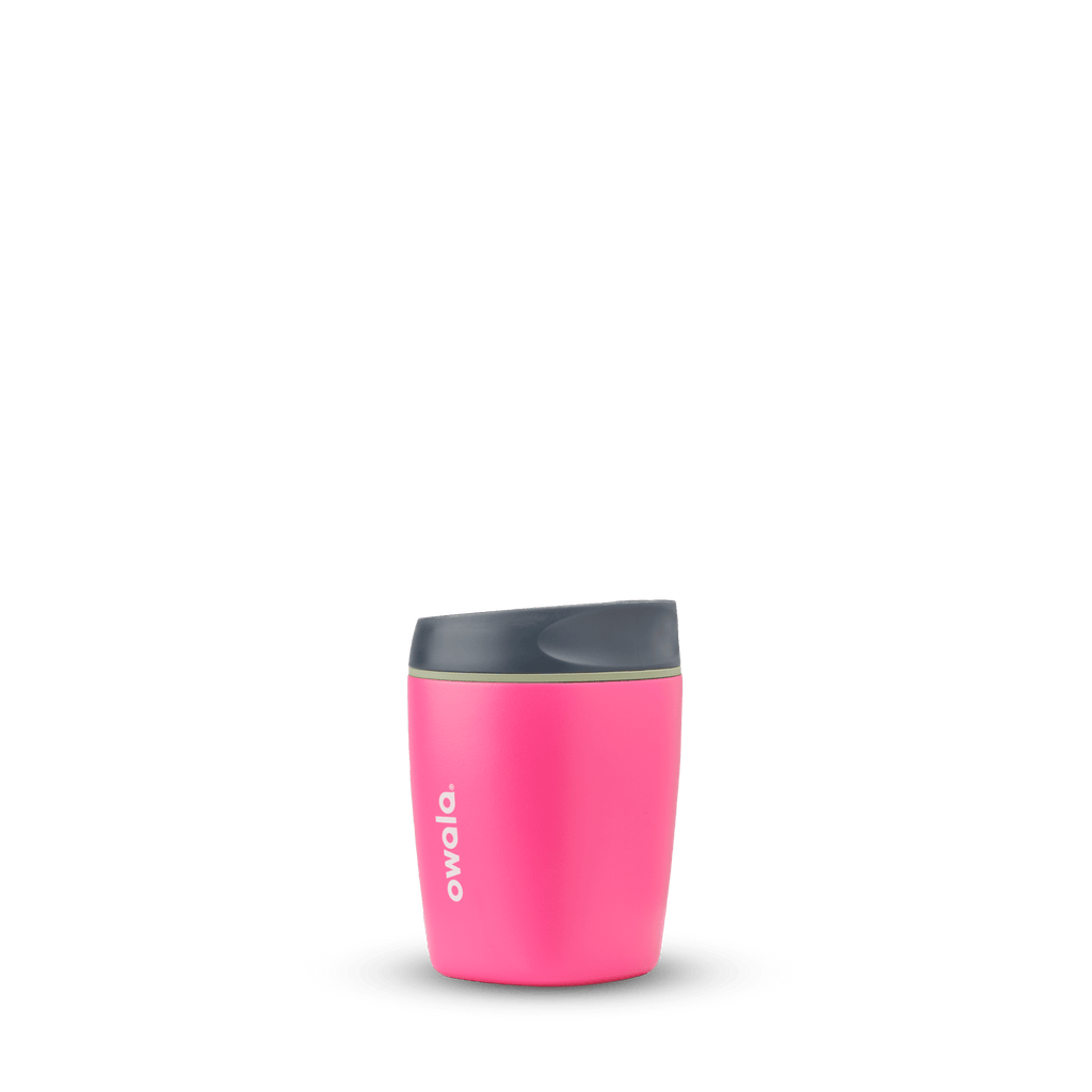 Pink Owala 10oz Smooth Sip water bottle with black lid on white background