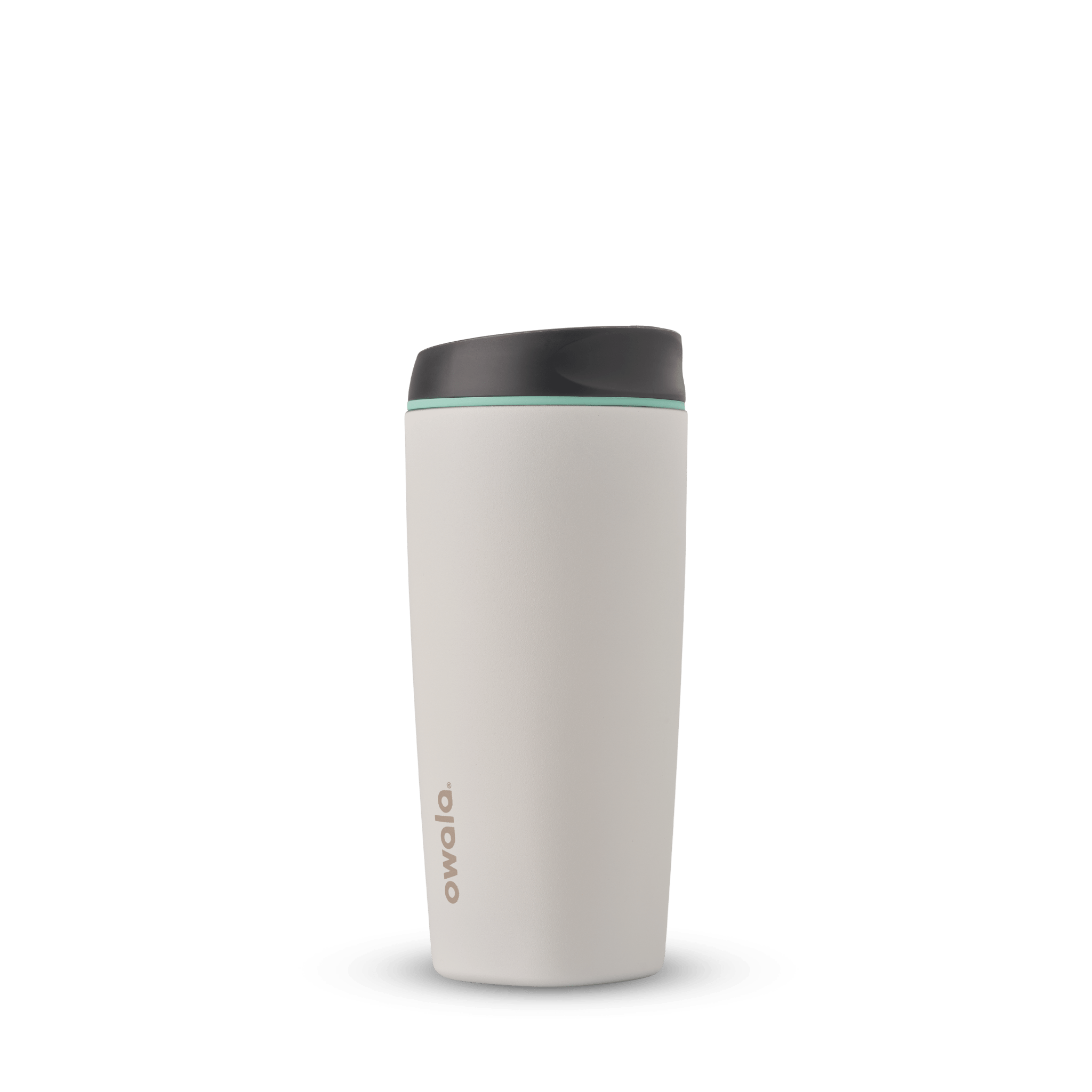 Owala SmoothSip white travel mug with black lid and mint accent on plain background